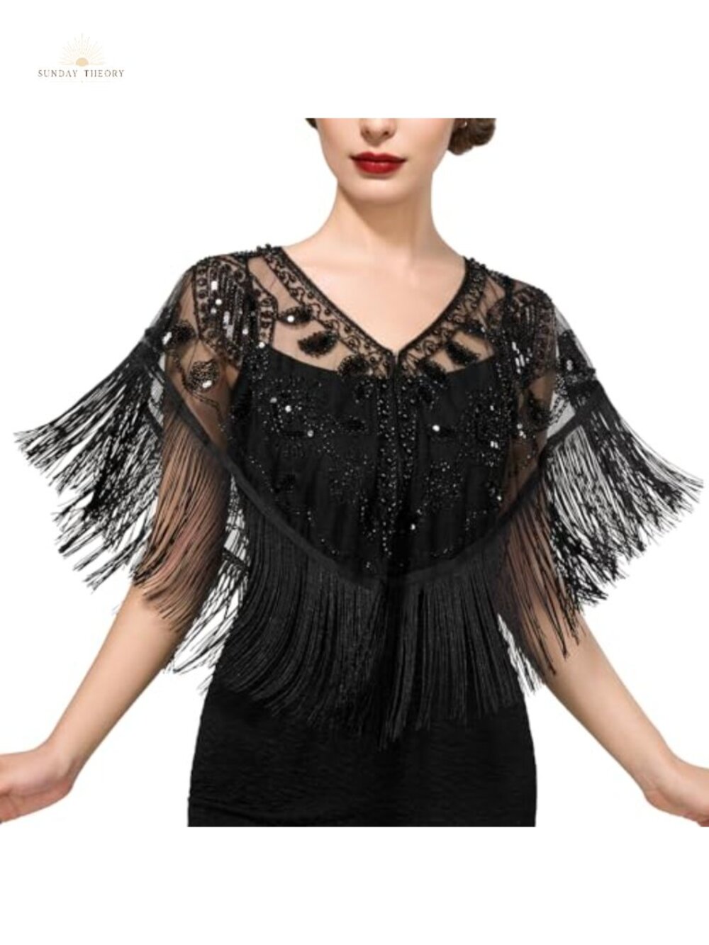 Sequin Beaded 1920s Shawl Wrap Flapper Evening Cape Tassel Fringe Formal Party